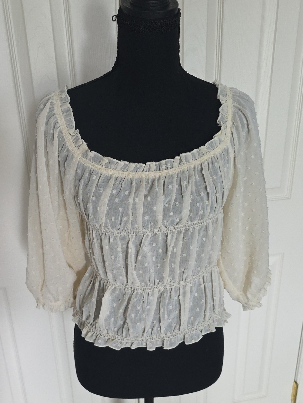 Hem & Thread Cream Swiss Dot Peasant Top with Ruffled Trim